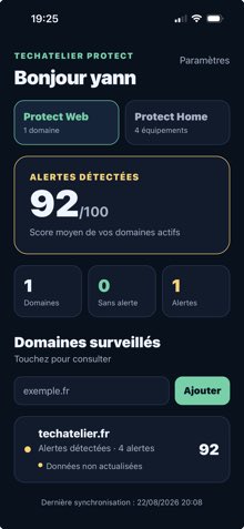 Écran d’accueil de l’application mobile TechAtelier Protect