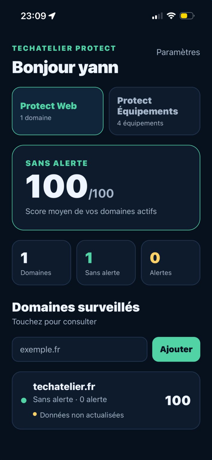 Écran Protect Web avec le score et les domaines surveillés